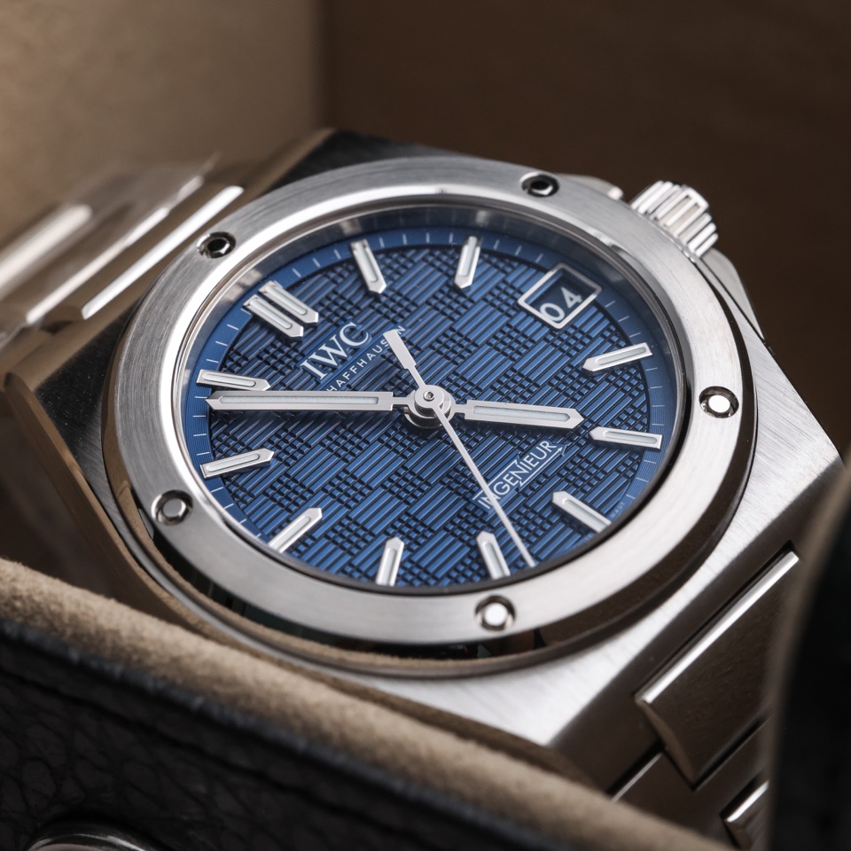 IWC Ingenieur watch with a blue dial in a leather case – photography by Filip Labanc for No Smile Needed