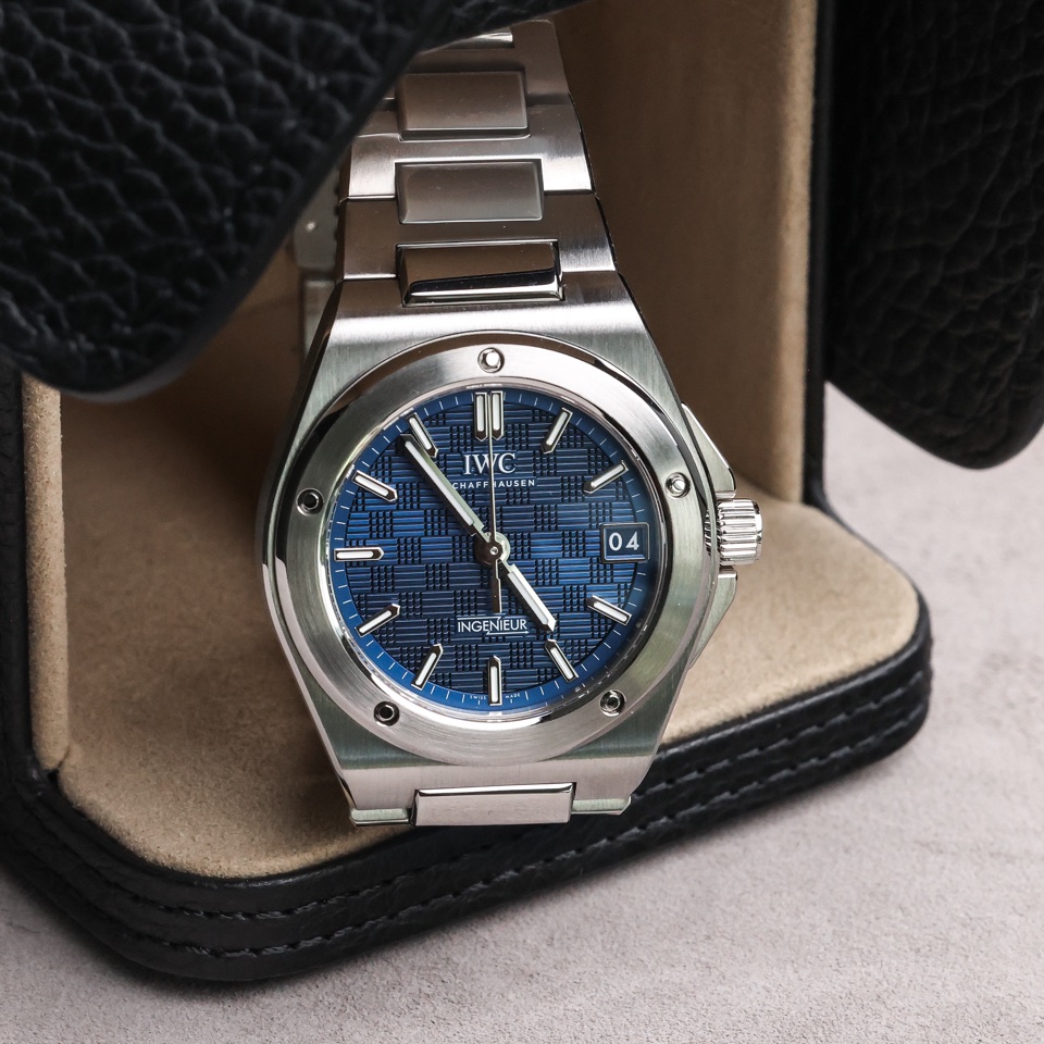 IWC Ingenieur watch with a blue dial presented in a leather case – photography by Filip Labanc for No Smile Needed